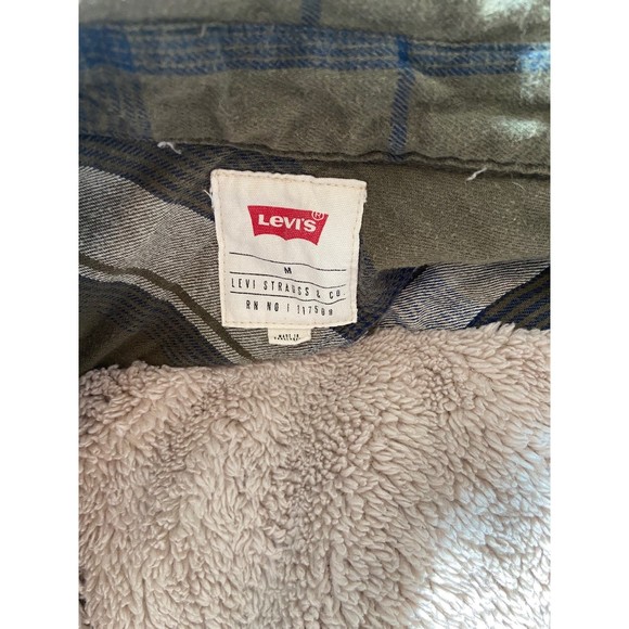 Levis Green Blue Plaid Flannel Shirt Jacket Sherpa Lined Insulated Size Medium - Picture 7 of 8